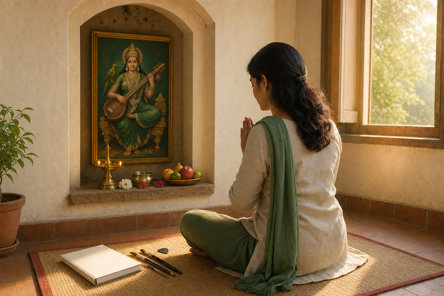 A devotee sits before a small sunrise-lit shrine to green-hued Shyamala, with simple offerings, a closed notebook, and art materials nearby.