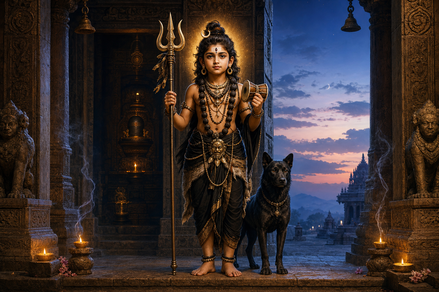 Youthful Batuk Bhairava stands with a trident and hand drum at a lamp-lit stone temple threshold, accompanied by a watchful dark dog.