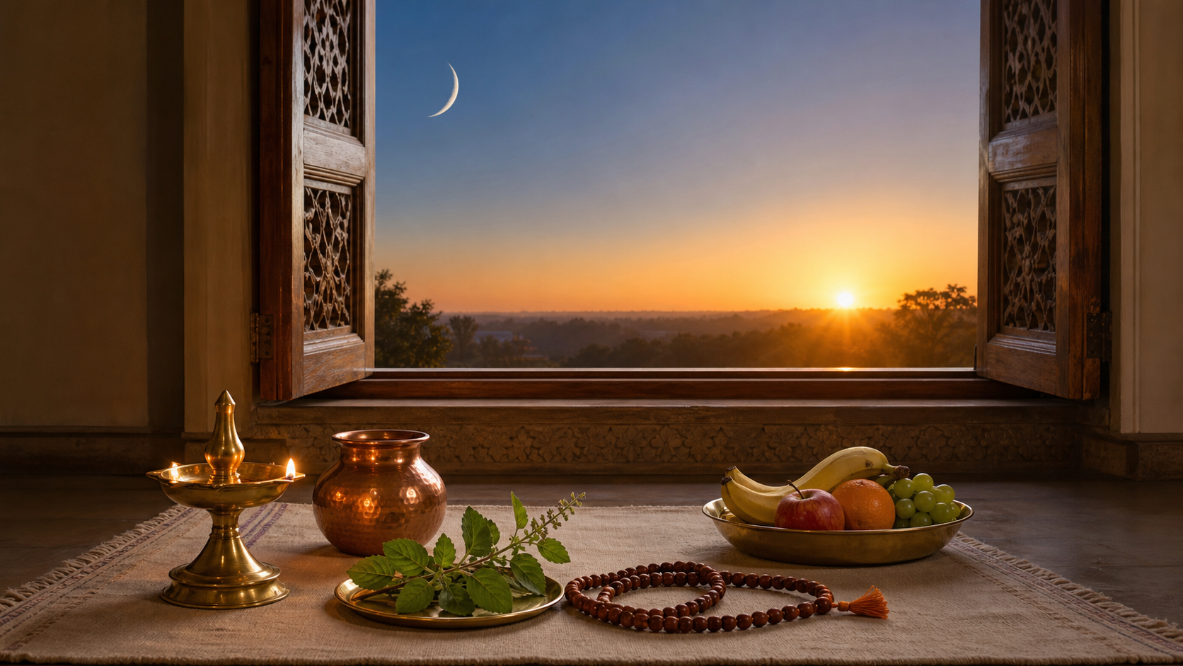 A dawn prayer setting with a brass oil lamp, copper water vessel, tulsi leaves, prayer beads, and fruit beside a window under a waning moon.