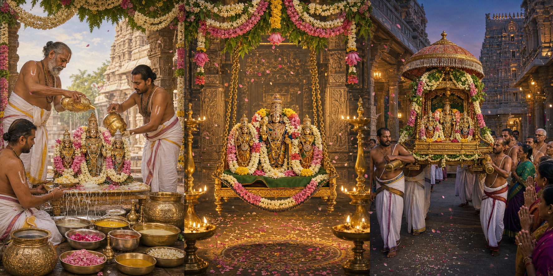 Three connected scenes show priests performing a ceremonial bathing ritual, deities on a decorated swing, and a temple procession.