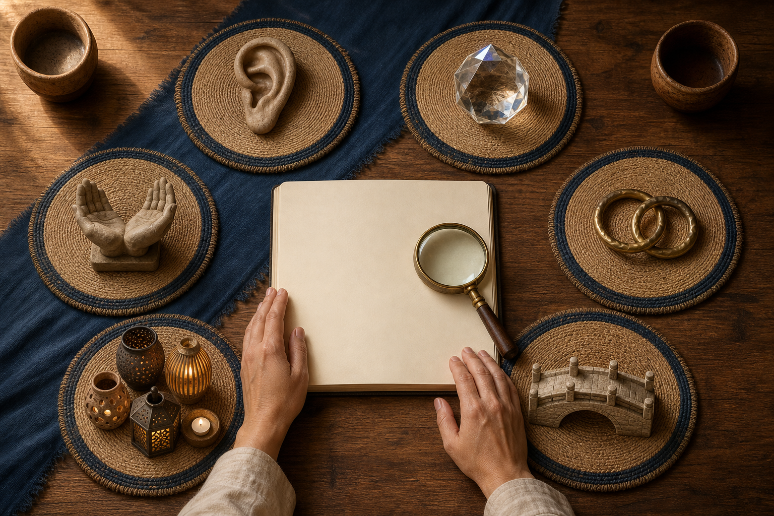 A magnifying lens and blank notebook are surrounded by six objects: an ear, a crystal, linked rings, a bridge, several lamps, and a pair of open hands.