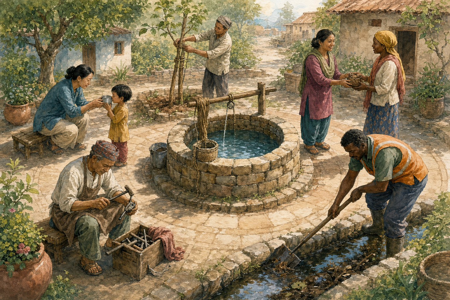 People in a shared courtyard care for a child, repair a tool, support a sapling, clear a water channel, and return a lost purse.