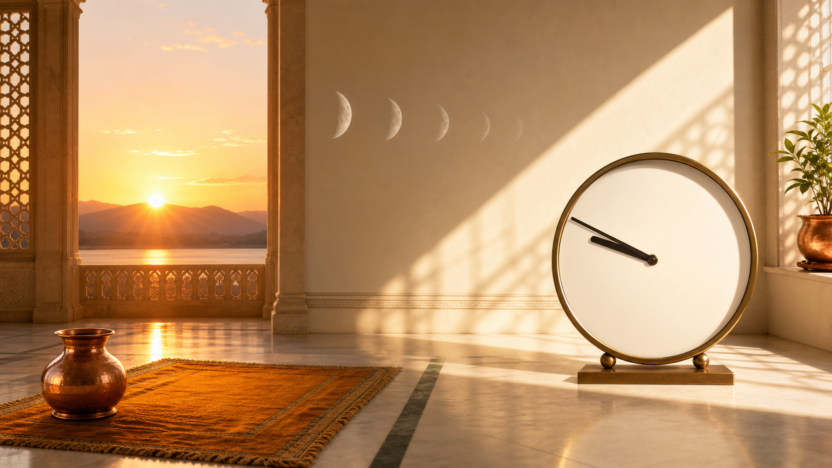A continuous two-part scene contrasts sunrise with a blank-faced clock showing about 9:47 in stronger late-morning light.