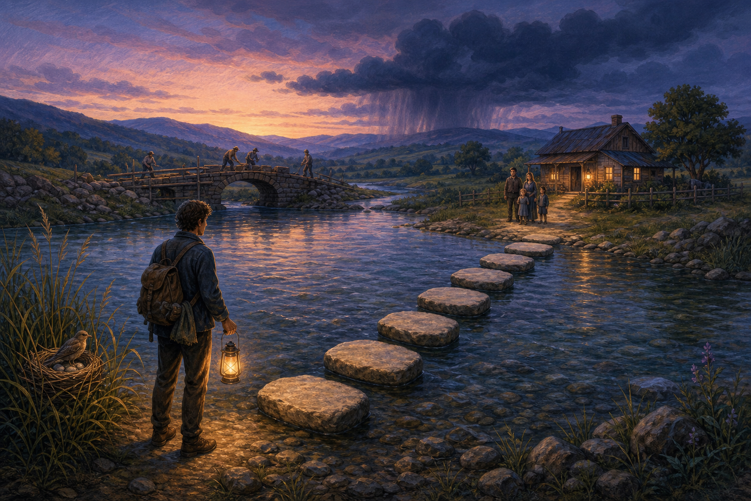 A lantern-carrying traveler considers seven unmarked stepping stones across a river while people, wildlife, work, and an approaching storm surround the crossing.