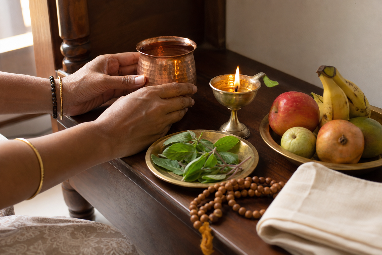A devotee's hands arrange water, a brass lamp, tulsi leaves, prayer beads, folded cloth, and fruit in a home prayer area.