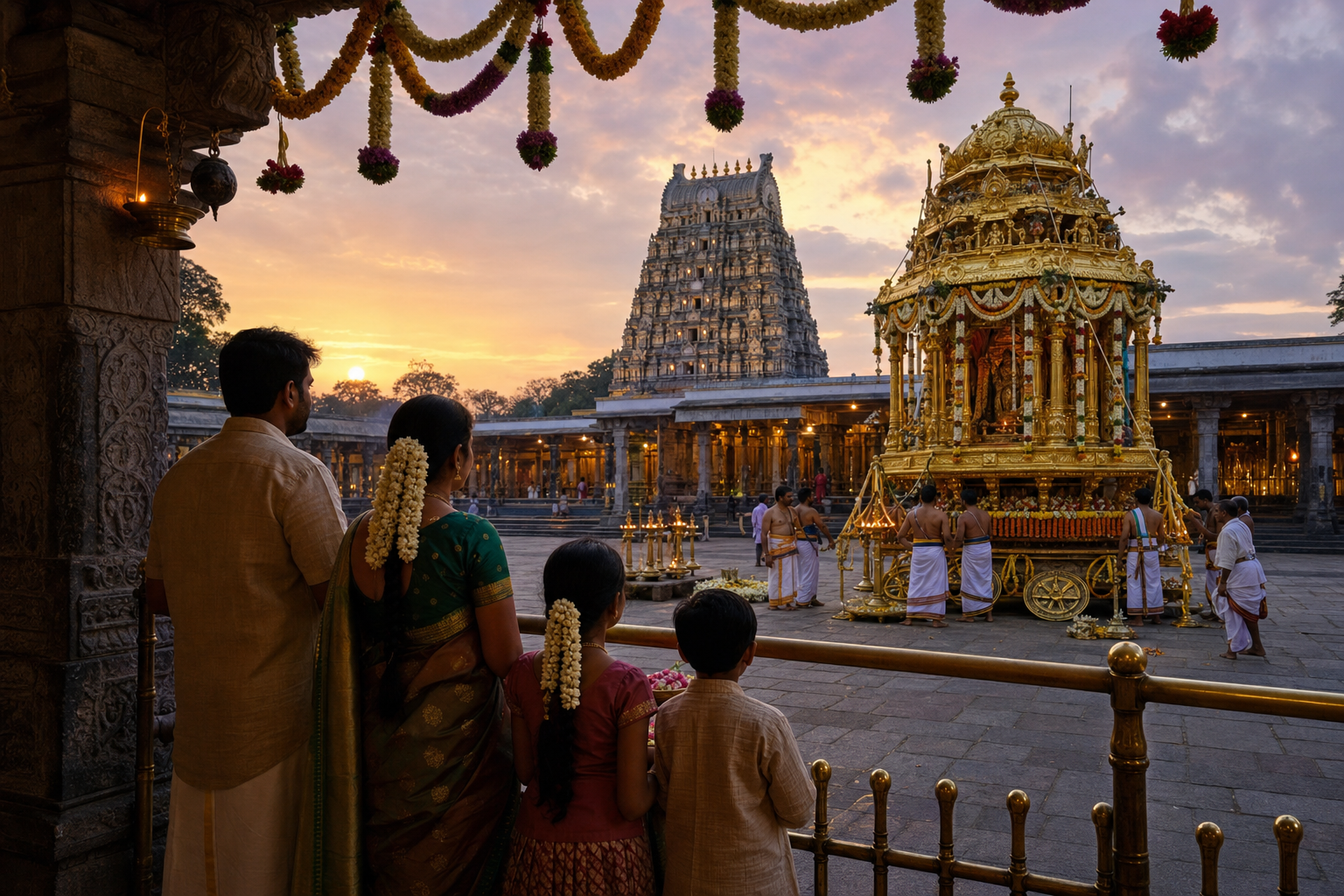 Pilgrims wait in a temple courtyard at sunset while attendants prepare a golden chariot for the evening procession.