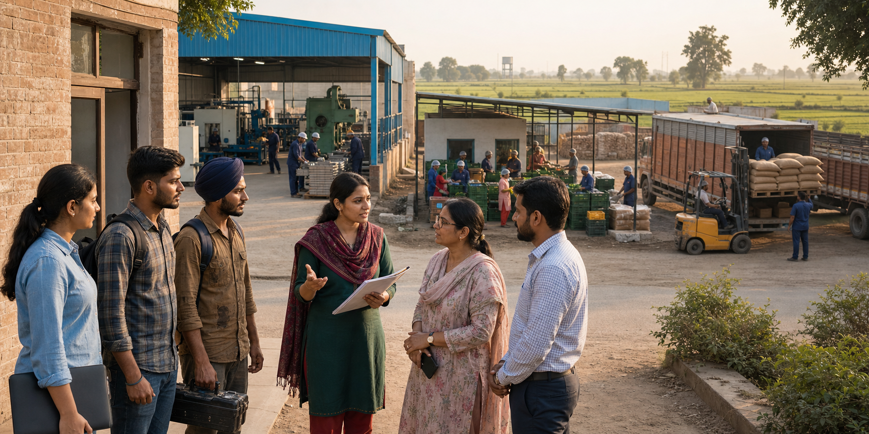 Young women and men meet an employment coordinator and a hiring manager near active engineering, food-packing, and logistics workplaces in Punjab.