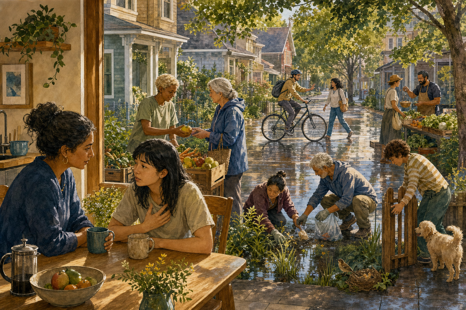 Neighbors practice honesty, generosity, fairness, care for public space, road courtesy, and protection of wildlife on a sunlit street.