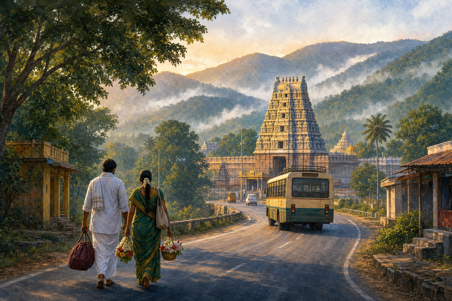 Pilgrims and vehicles travel through the misty Tirupati hills toward a South Indian temple at dawn.