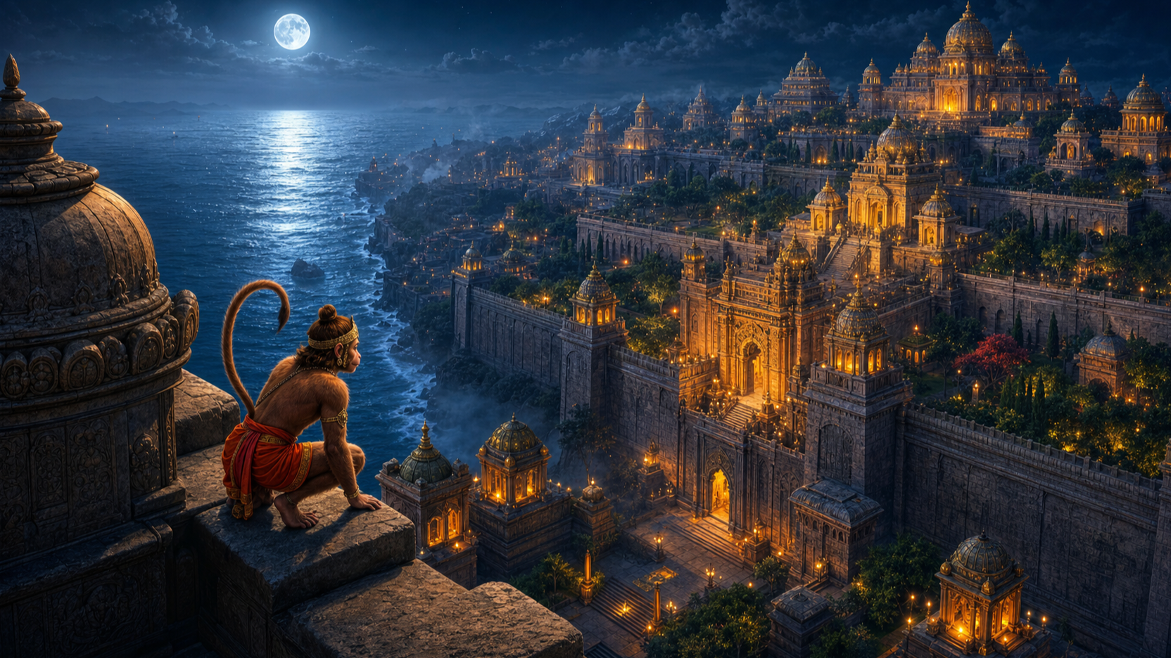 Hanuman in a small form surveys the moonlit walls, palaces and guarded streets of Lanka from the city rampart.