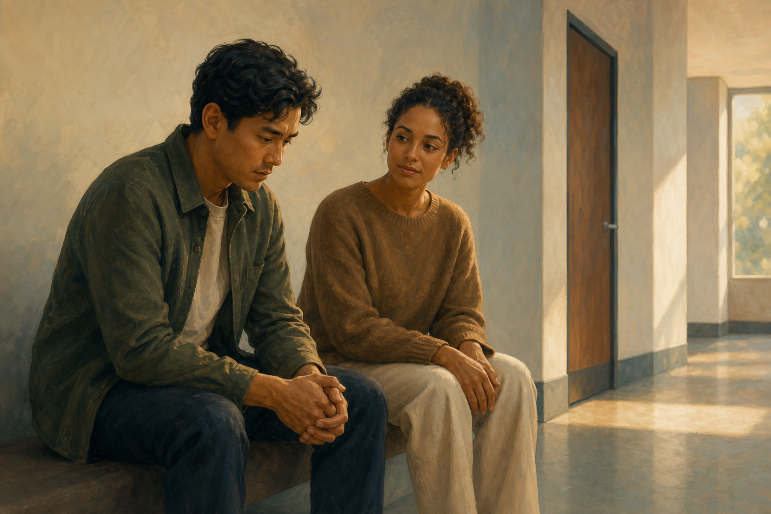 A tense adult sits beside a calm, attentive friend in a quiet hallway before an important appointment.