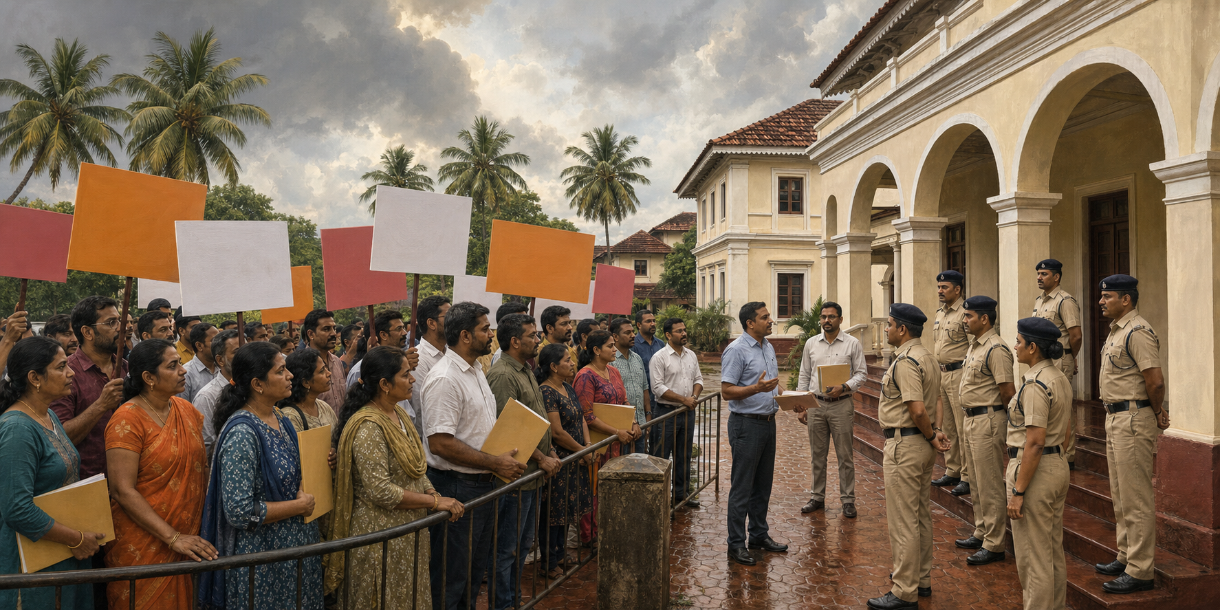A peaceful group of citizens gathers with blank placards and complaint folders outside a generic police building in a Goan streetscape while officers listen at the entrance.