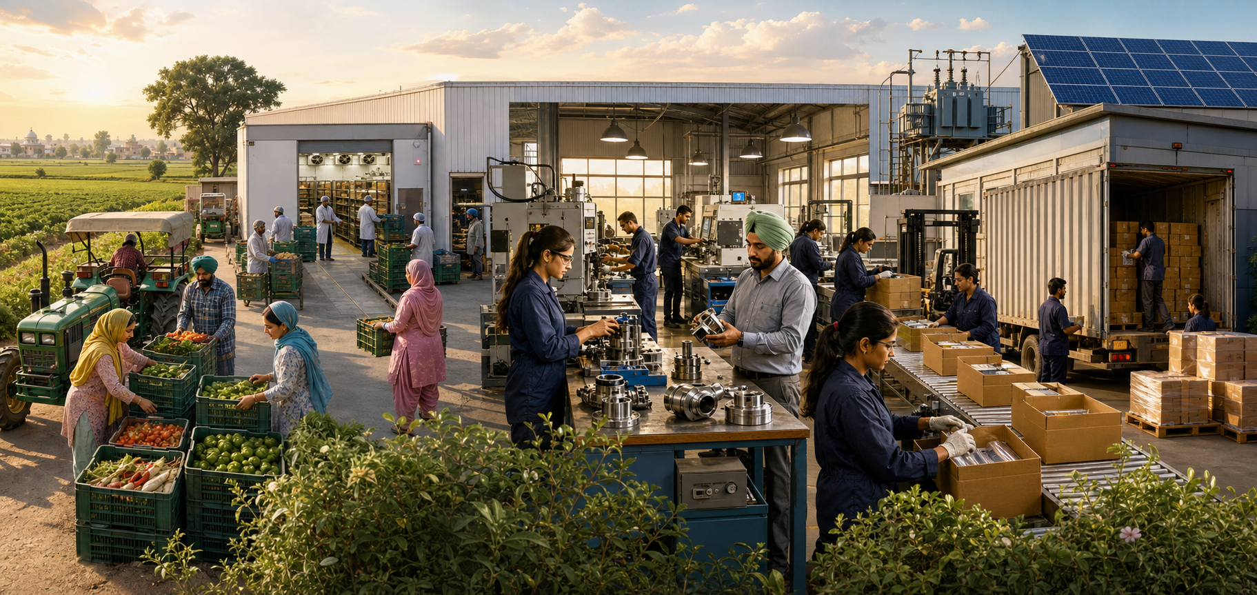 Workers connect farming, food processing, light engineering, clean energy, and logistics activities across a Punjab economic corridor.