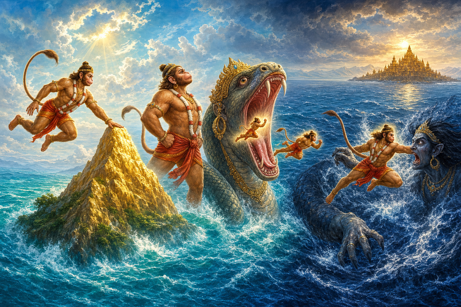 A continuous ocean scene shows Hanuman greeting Mainaka, outwitting Surasa by changing size and confronting the shadow-seizing Simhika.