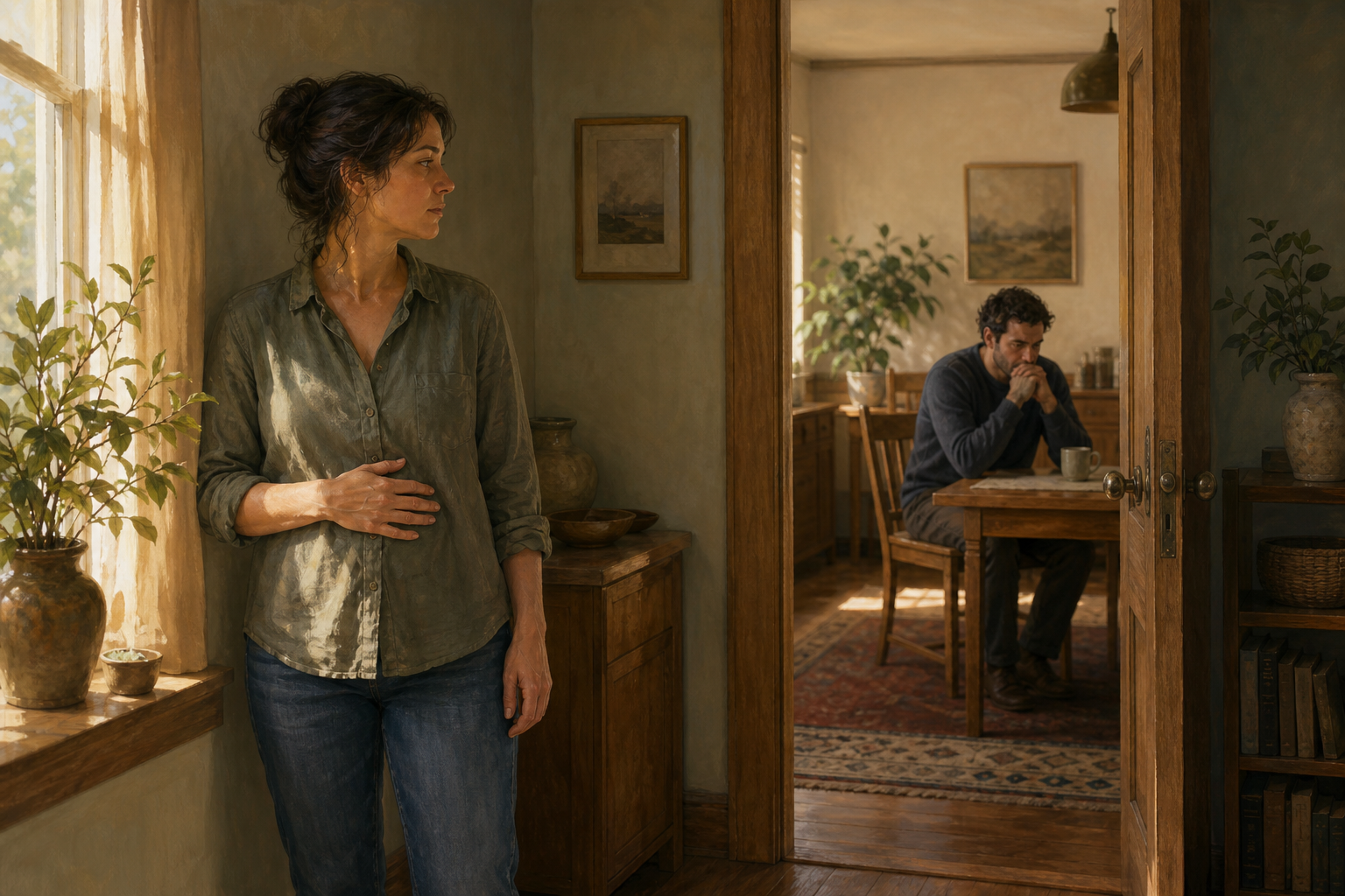 An adult pauses to take a steadying breath before approaching a worried person seated in the next room.