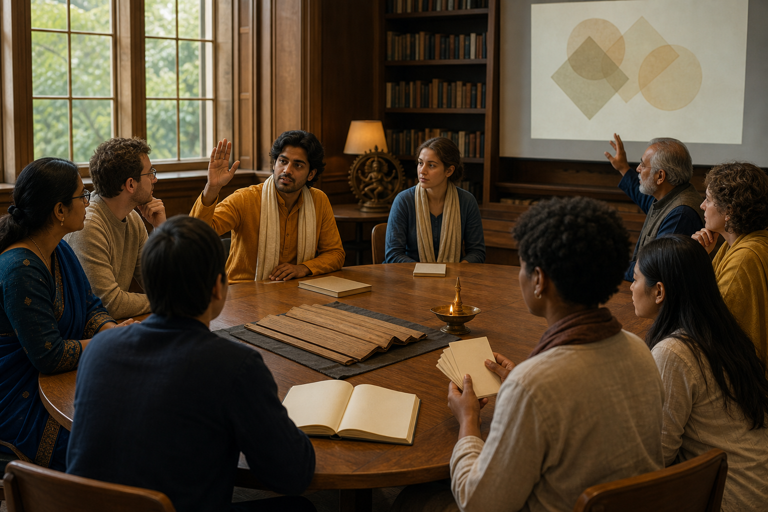 A Hindu participant raises a hand during a university seminar as students and scholars examine books, source cards, and a manuscript around a shared table.
