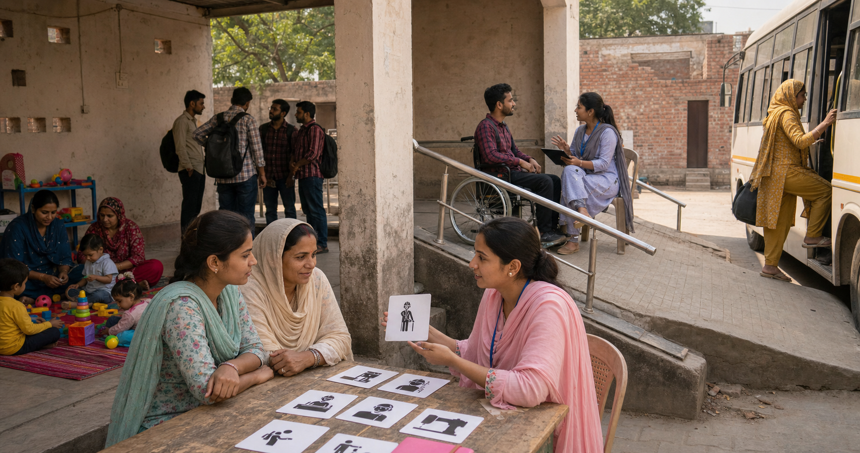 A community employment team assists women, men, and a wheelchair user beside shared transport and supervised childcare in a Punjab town.
