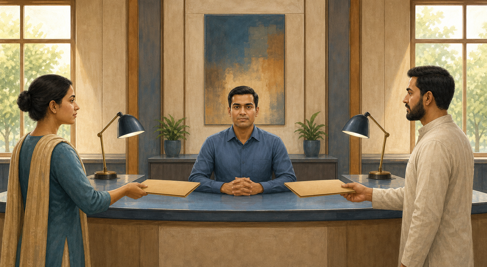 Two complainants approach the same police counter with matching unmarked folders as one officer receives both cases through a visually identical process.