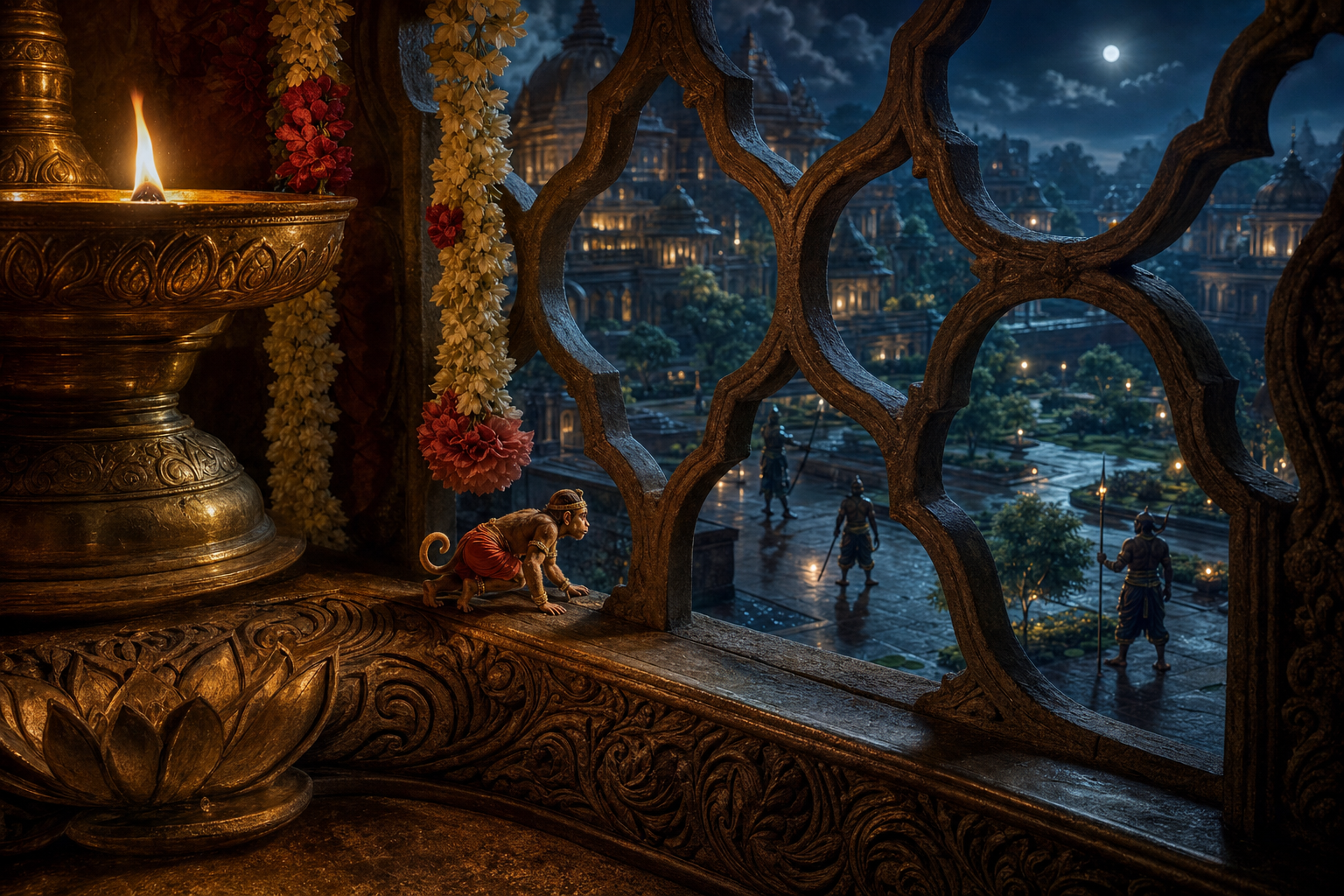 A tiny Hanuman moves along a carved palace lattice while guards patrol a lamp-lit courtyard below in Lanka.
