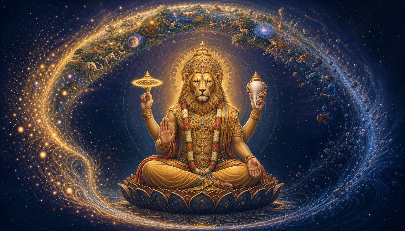Serene lion-headed Nrisimha seated at the center of a cosmic cycle of emerging, sustained and dissolving forms, surrounded by luminous concentric waves.