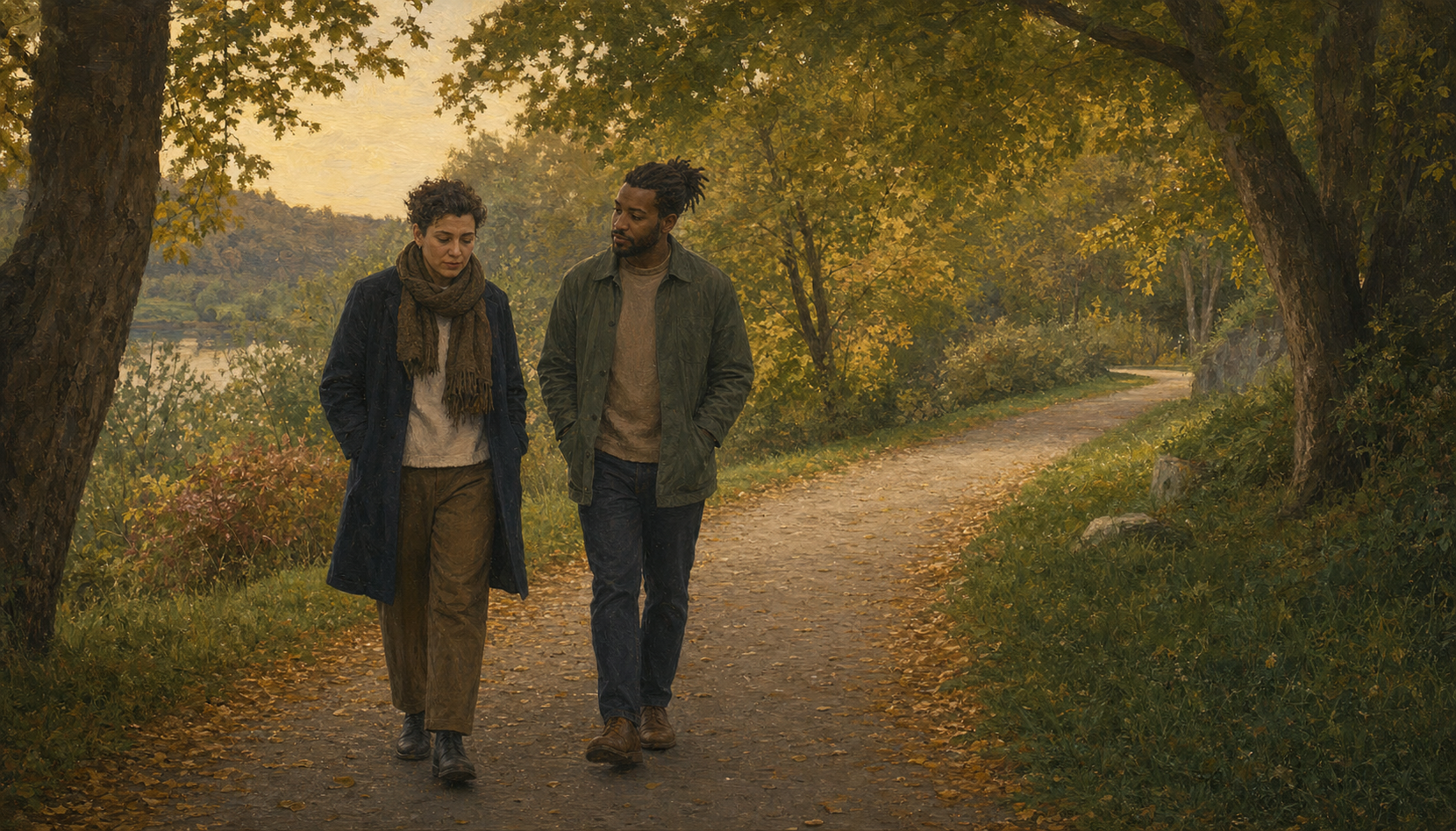 Two adults walk side by side on a quiet path while one speaks and the other listens attentively.