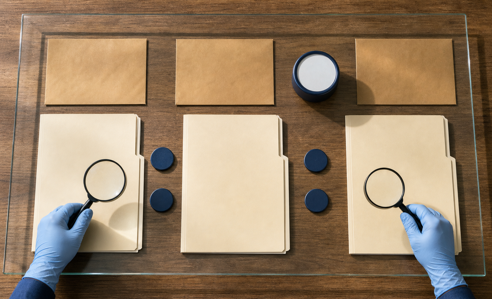 An orderly review desk displays identical unmarked case folders, evidence envelopes, a magnifying glass, and hands processing separate files in the same way.