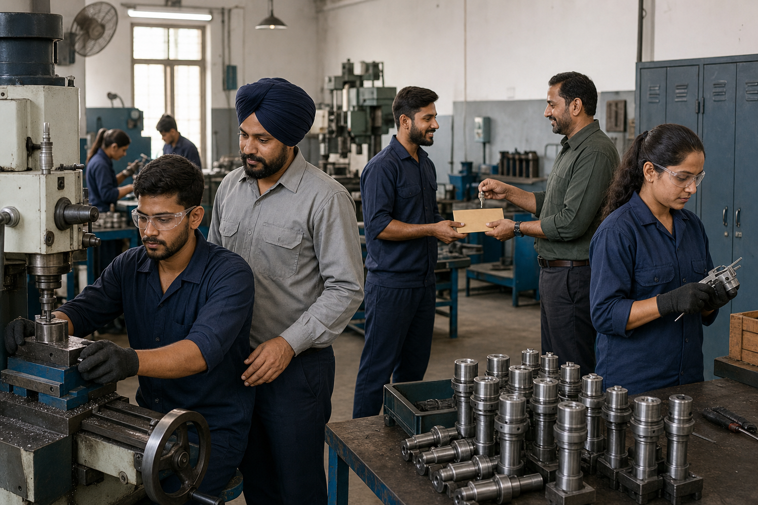 Young employees move from supervised practice to paid production and quality-control roles in a small manufacturing workshop.