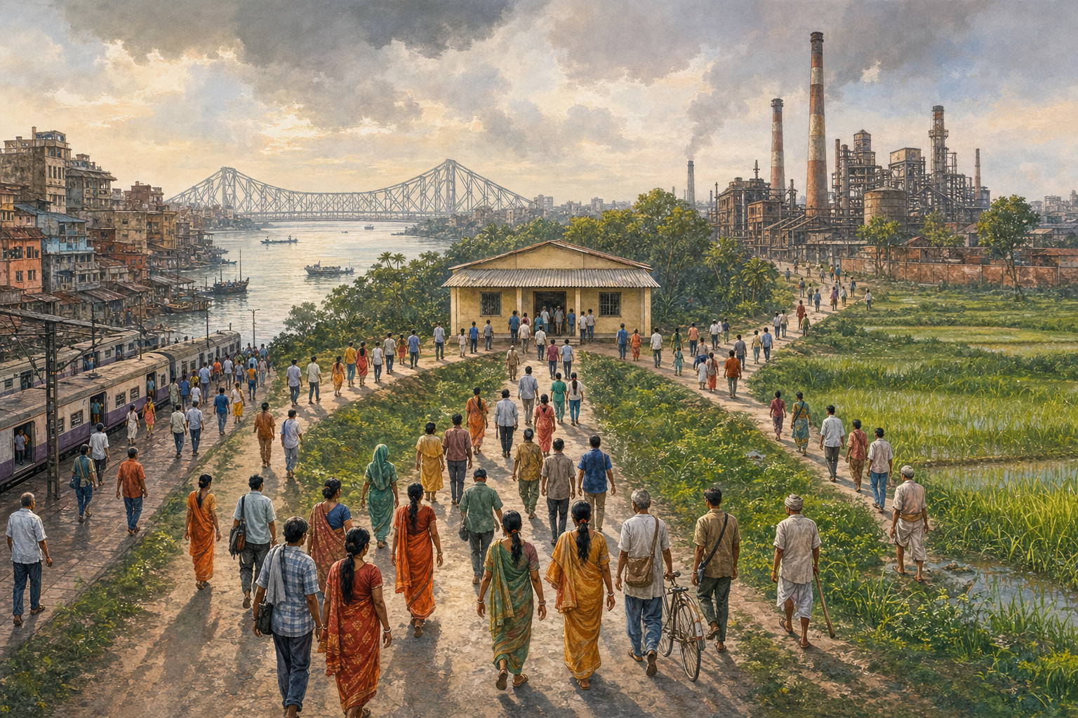 Voters from urban, industrial and rural parts of West Bengal walk along converging paths toward a polling station beside the Hooghly River.