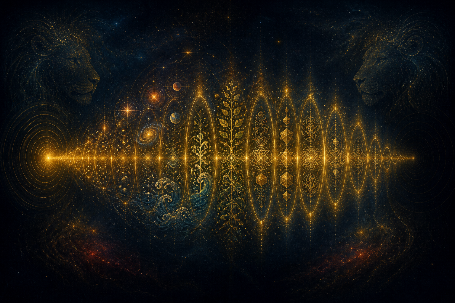 A golden pulse emerges from darkness, organizes cosmic and natural forms, and then contracts back into darkness.