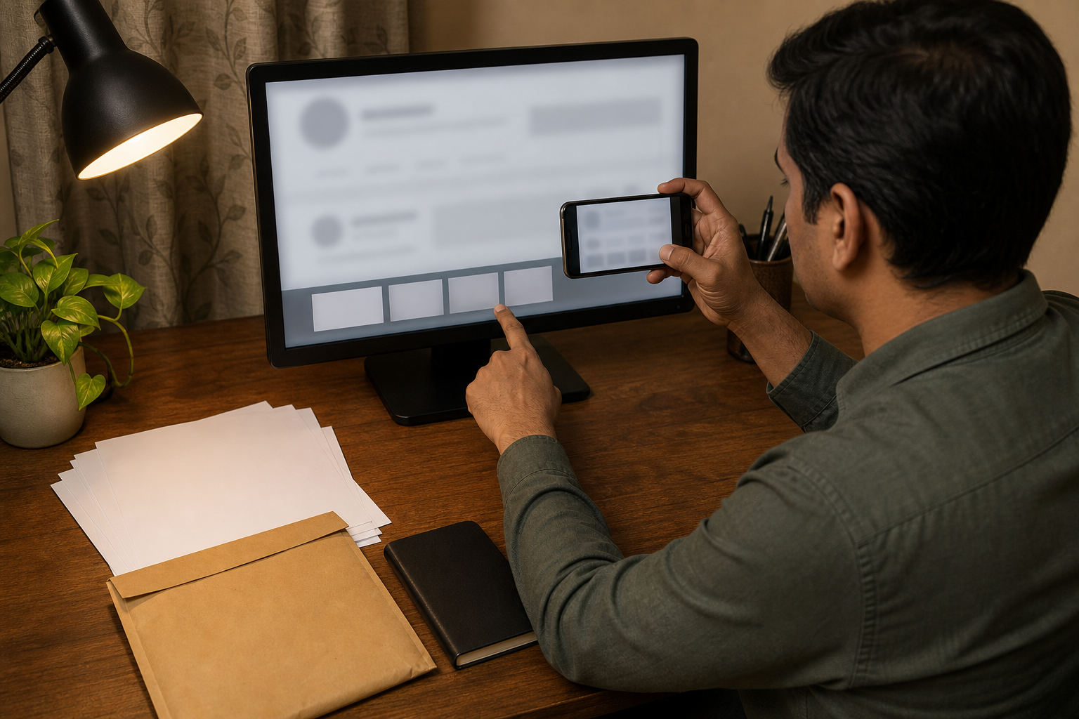A person at a home desk preserves blurred screen images and organizes blank printouts and an evidence envelope for a complaint.