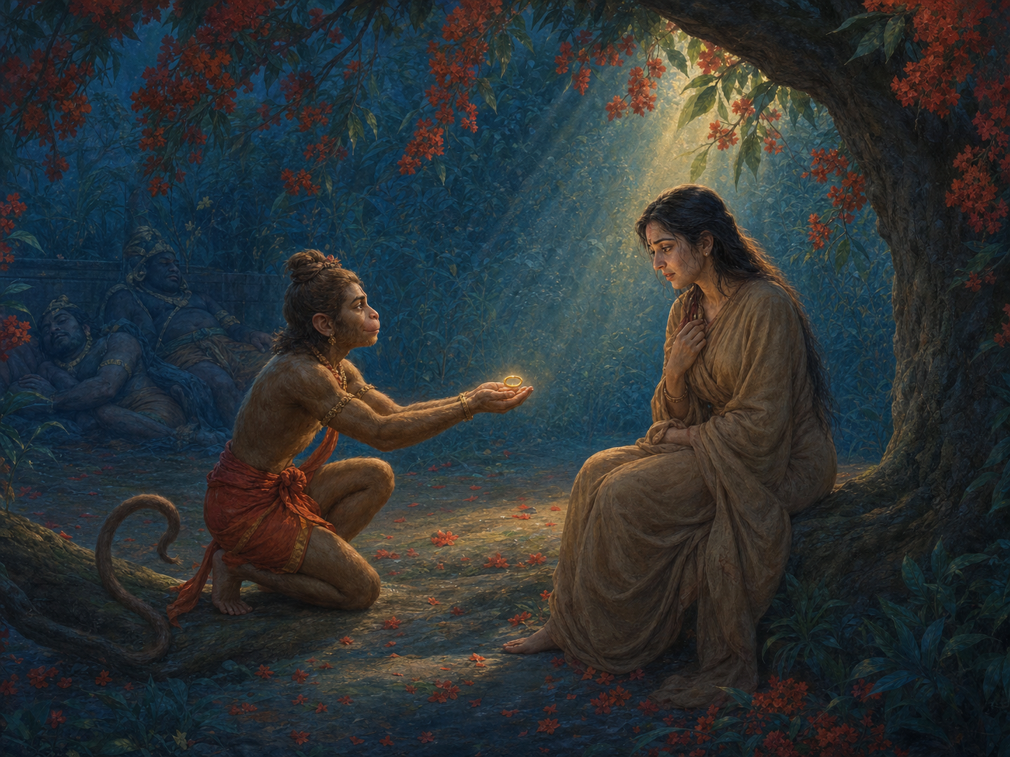 Hanuman presents Rama's golden ring to Sita beneath a flowering tree in the Ashoka grove.