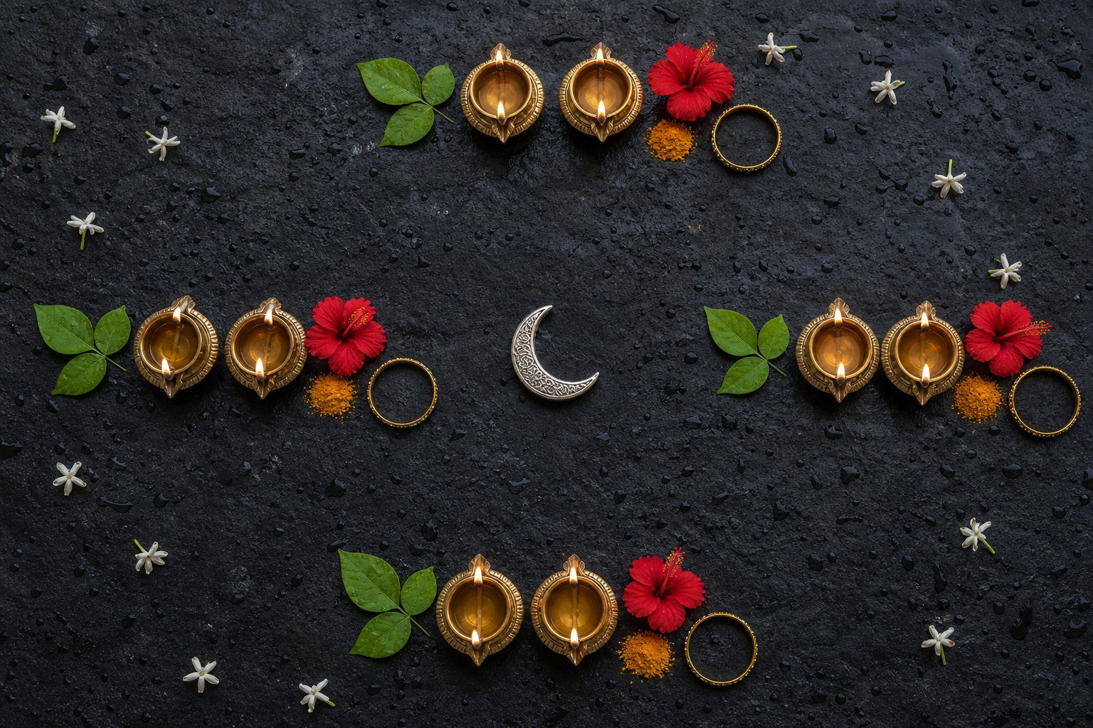 Eight brass oil lamps form four pairs, with bilva leaves marking one lamp and red flowers, turmeric and bangles marking the other.