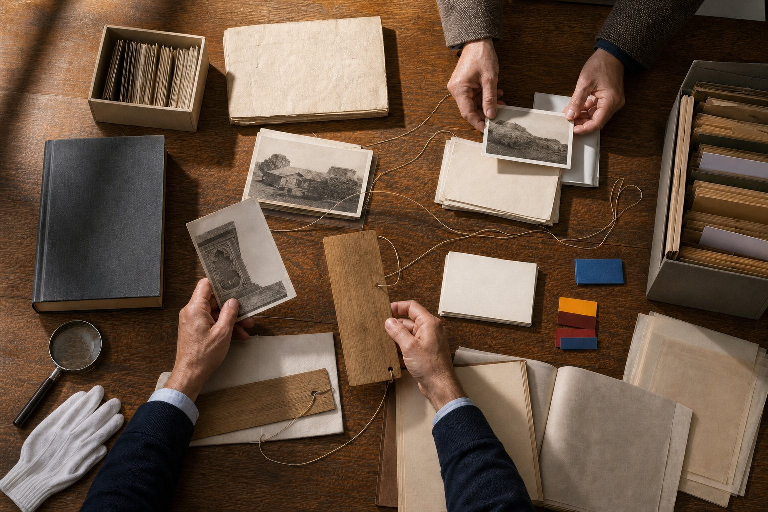 Two researchers organize books, manuscript leaves, photographs, and blank source cards on a wooden desk while comparing evidence.