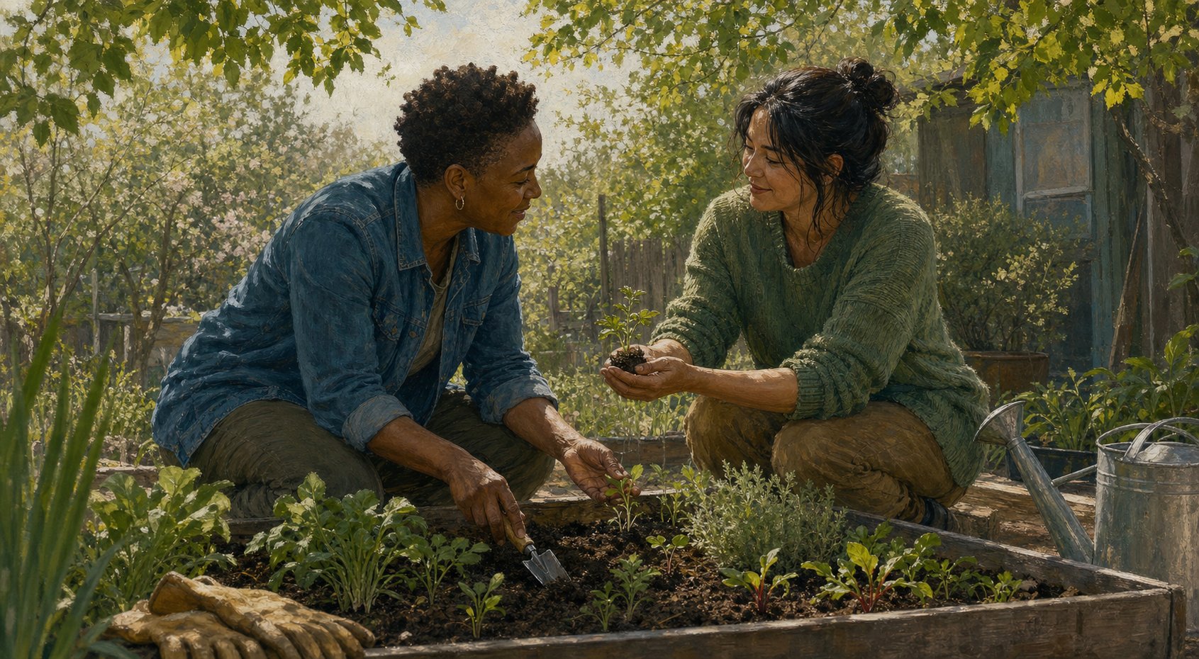 Two adults tend seedlings together in a community garden during a relaxed everyday visit.