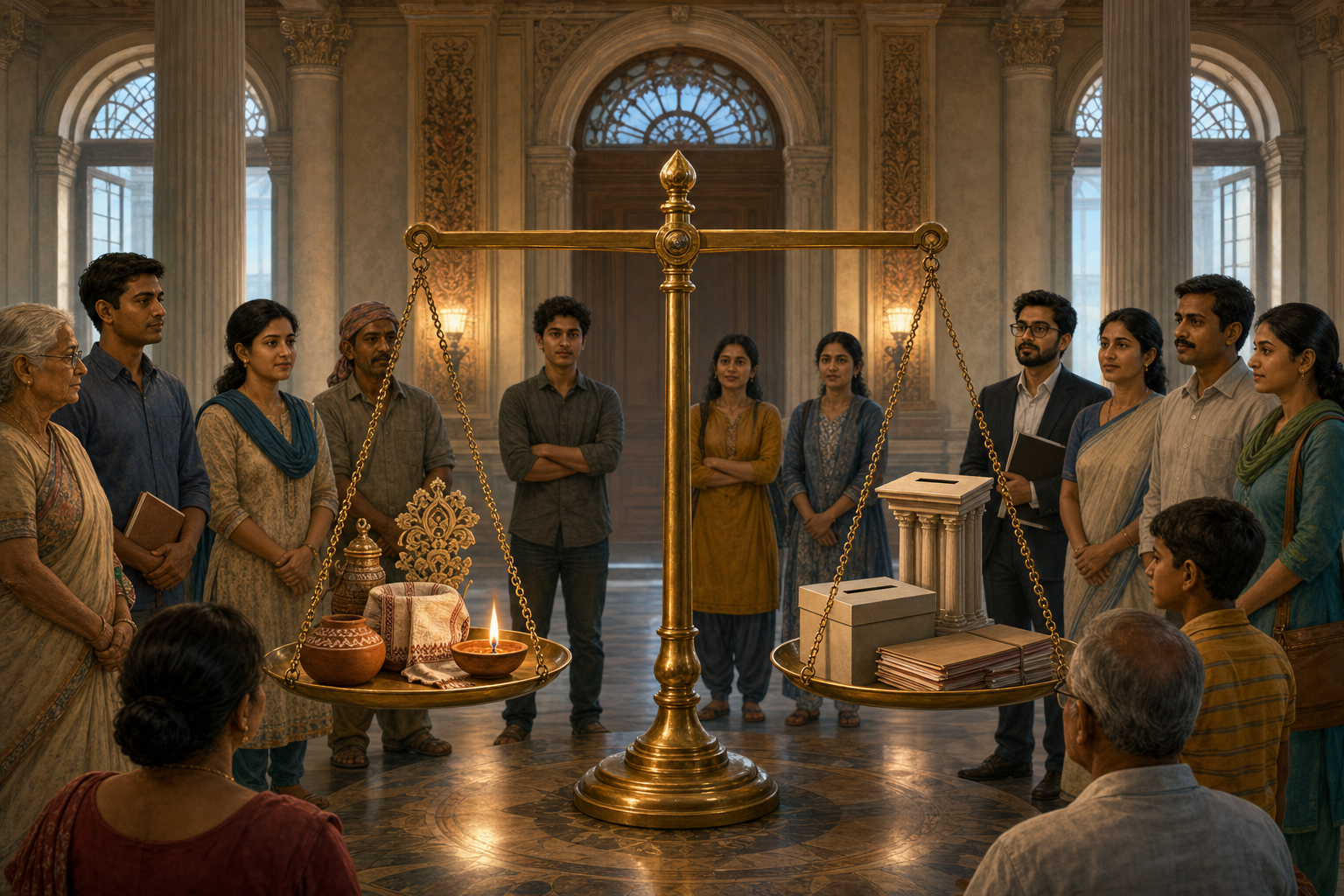 Diverse citizens gather in a civic hall around a balanced scale holding a clay lamp and symbols of democratic administration.