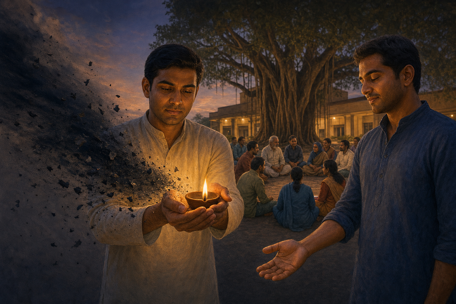 A community volunteer protects a small oil lamp while another person relaxes a clenched hand into an open palm beside a calm gathering under a banyan tree.