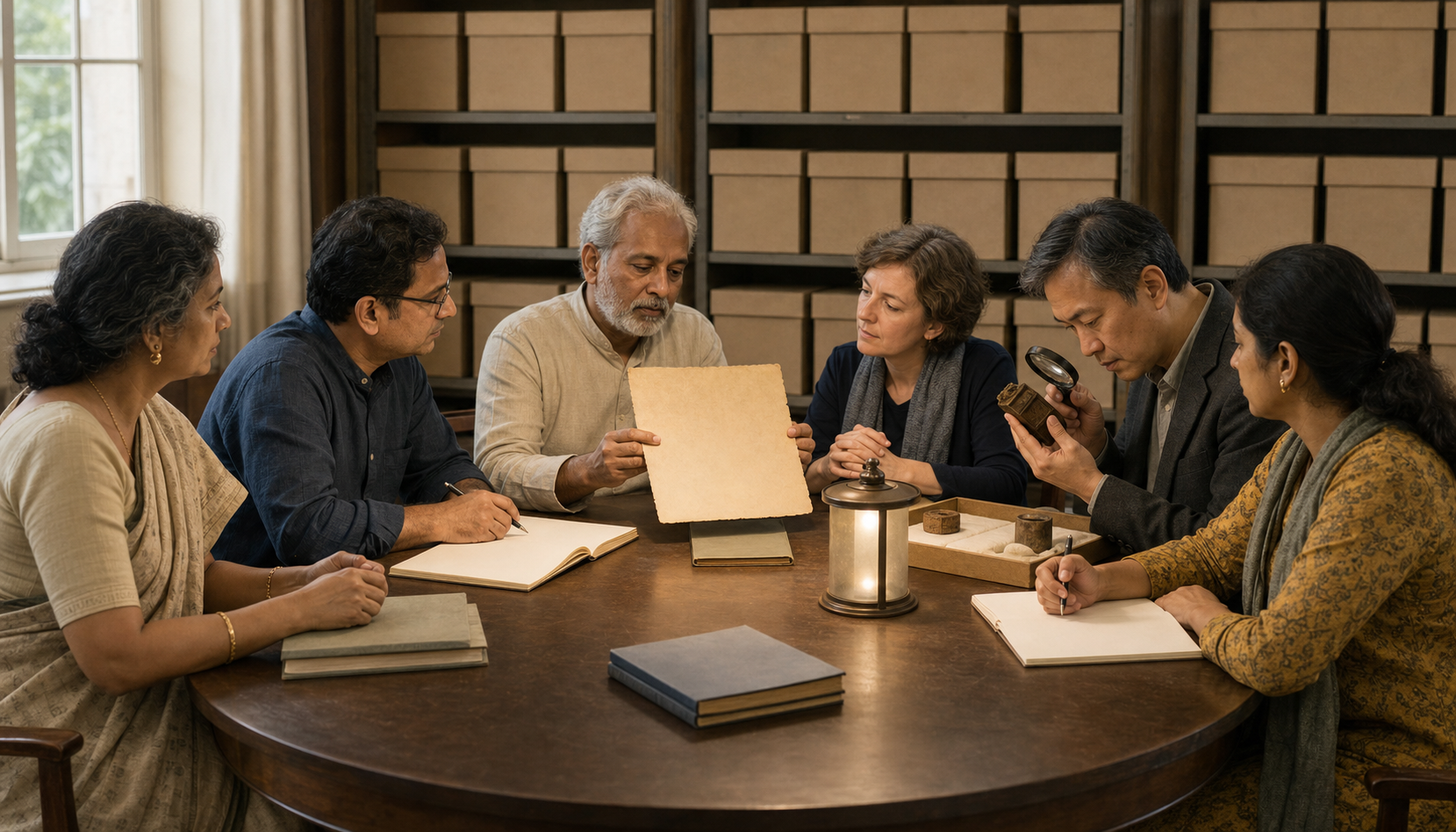 A diverse group of scholars discusses a historical document and artifact around a circular table in a university archive.