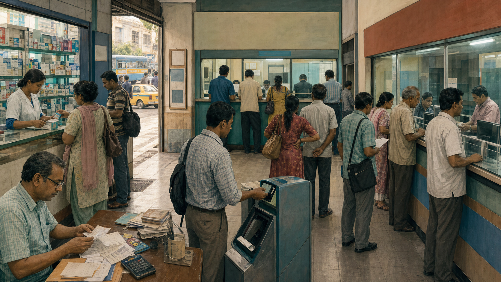 Residents wait at pharmacy, municipal and banking counters in a busy middle-class neighborhood in West Bengal.