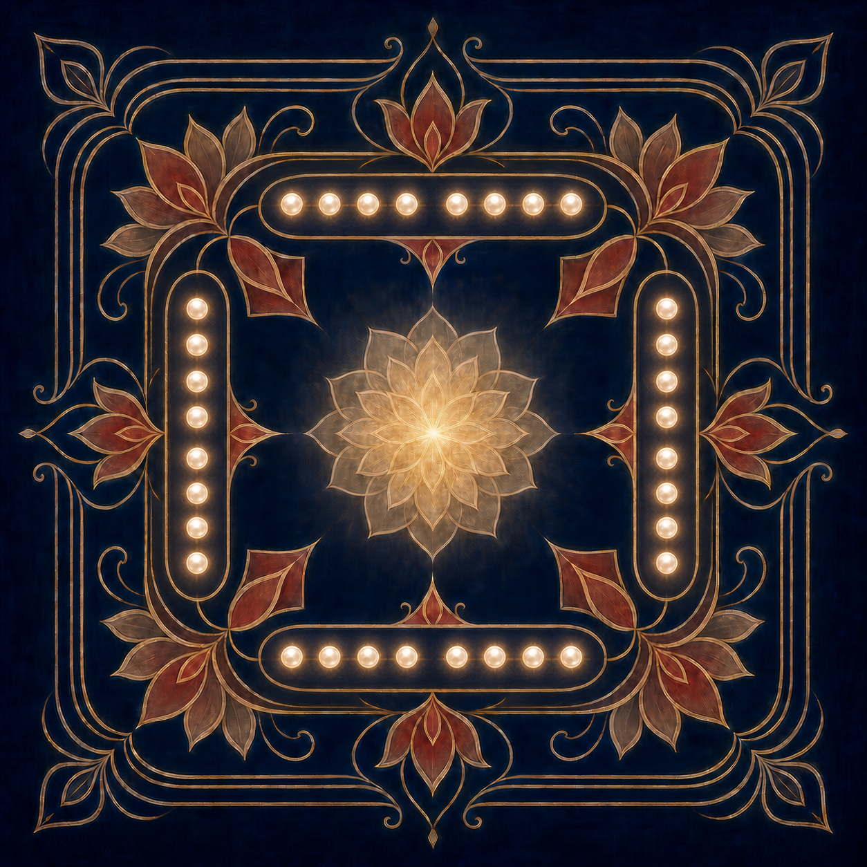Thirty-two small lights form four evenly spaced groups within a symmetrical glowing mandala.