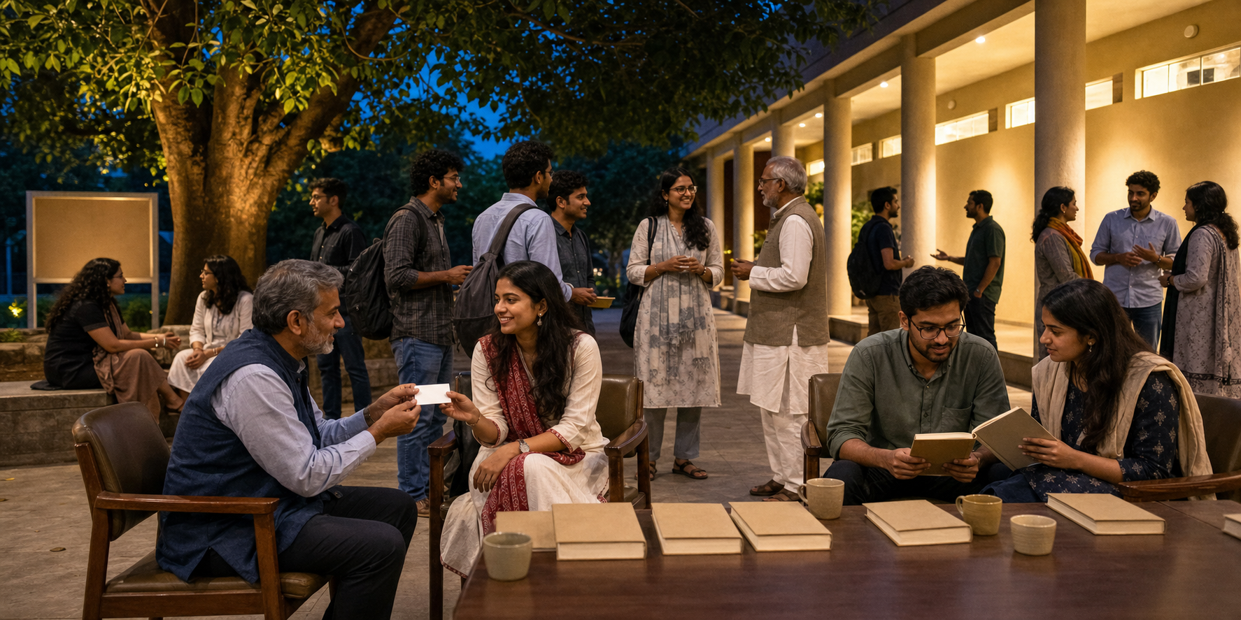 Students, faculty, and Hindu community participants continue conversations in small groups in a university courtyard after an evening forum.