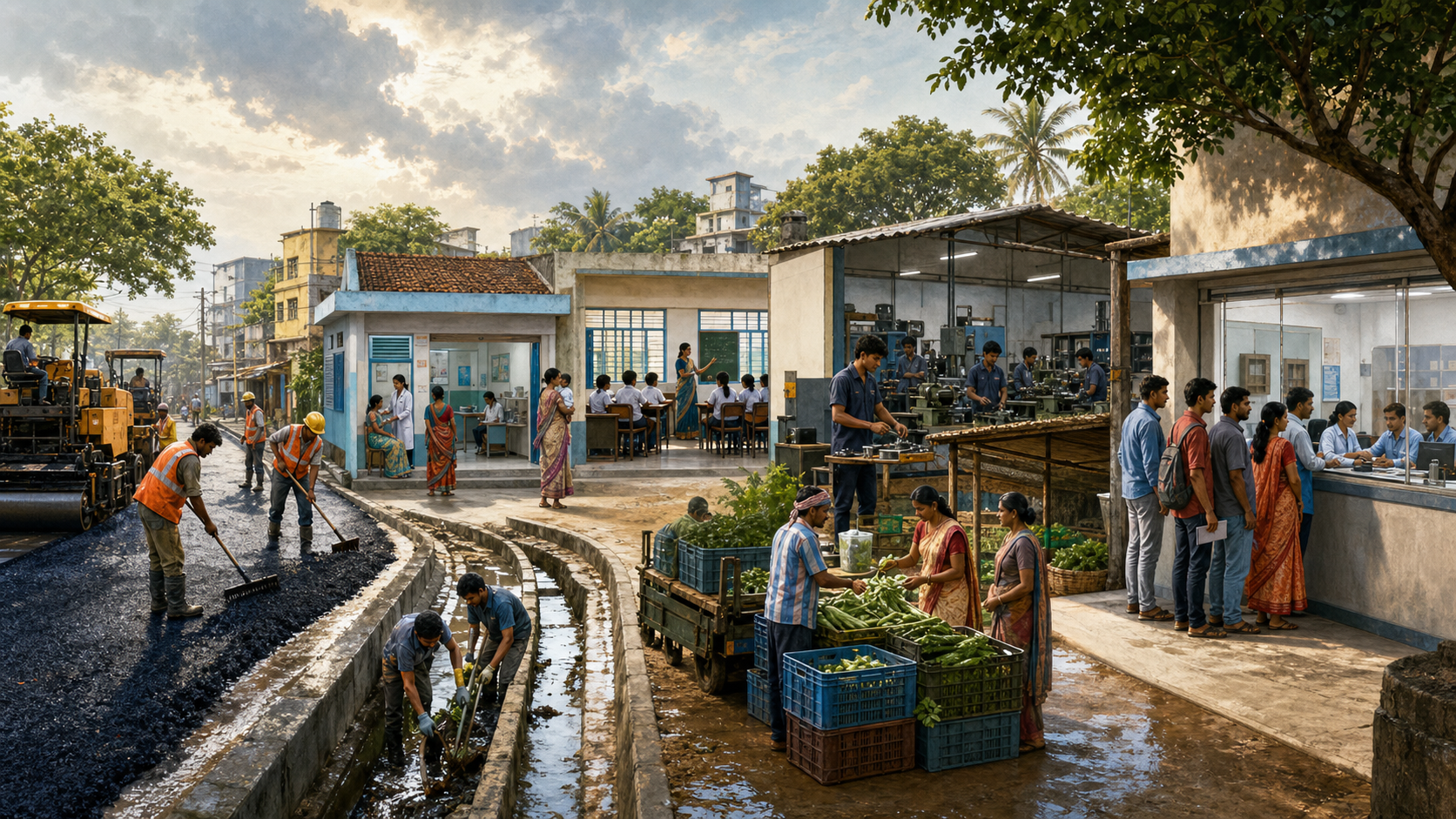 A connected West Bengal streetscape shows road repairs, a clinic, a classroom, a workshop, a farm collection point and an orderly public service desk.