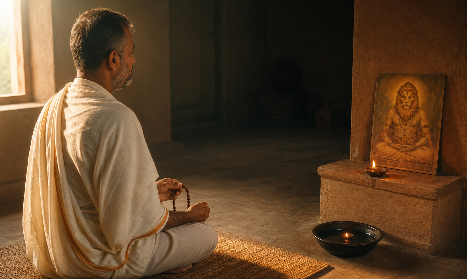 A seated practitioner uses prayer beads beside an oil lamp in a quiet home shrine at dawn.