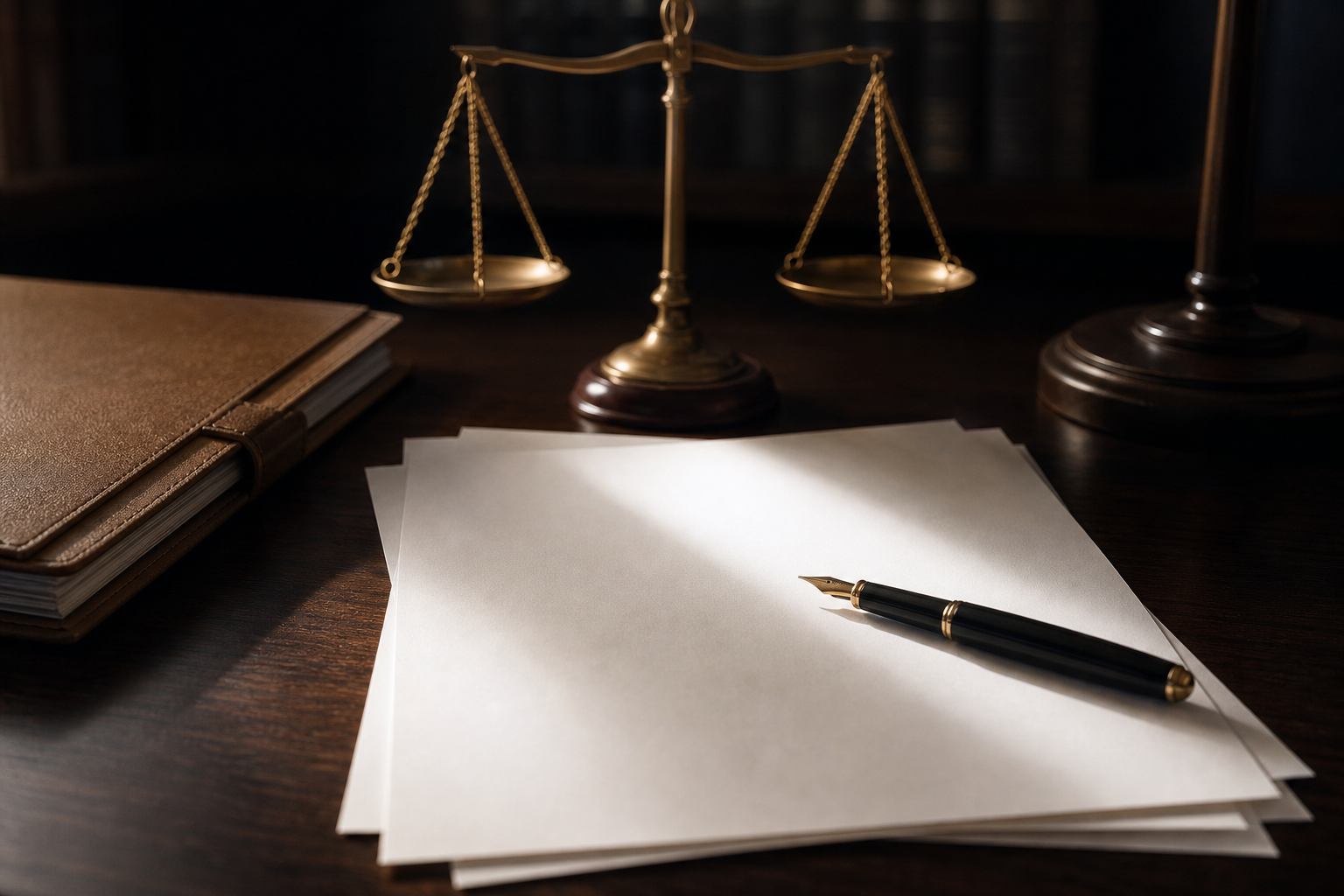 Blank affidavit papers, a fountain pen, a closed case folder, and scales of justice on a courtroom desk.