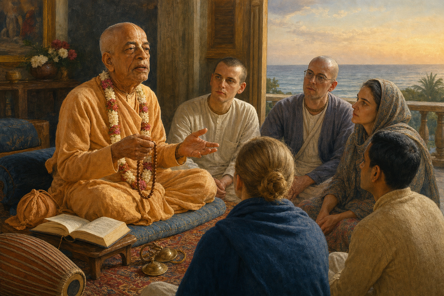 Srila Prabhupada sits with chanting beads and teaches a circle of disciples in a temple room overlooking a distant ocean.