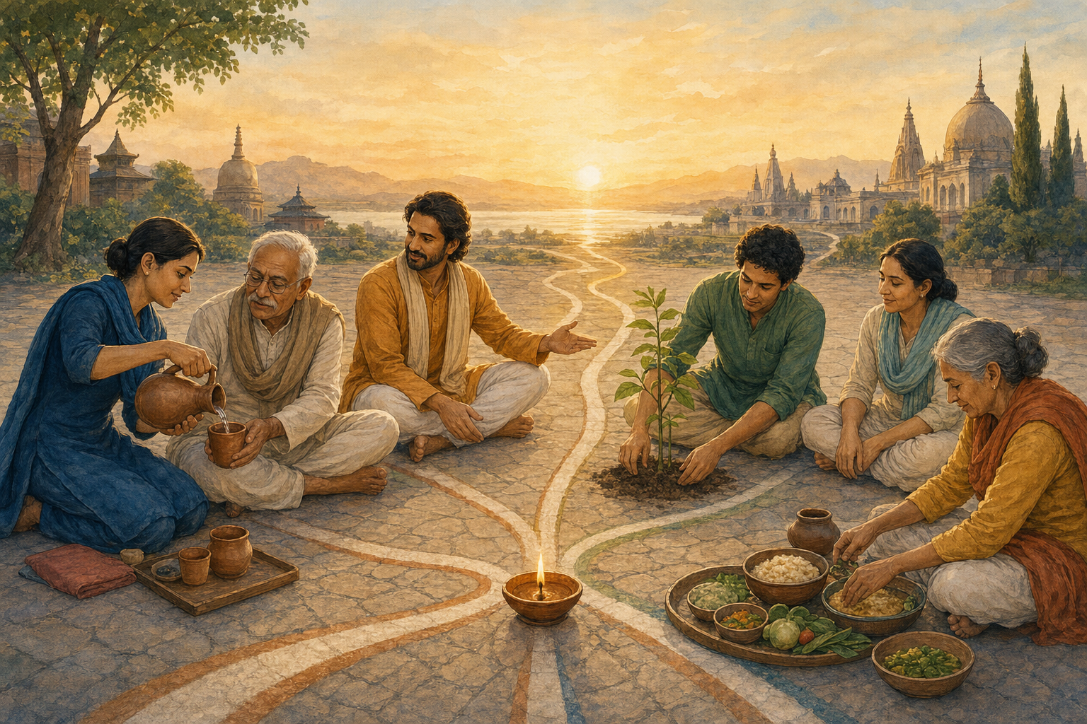 A teacher and a multigenerational group share food, offer water, and tend a sapling around an oil lamp in a dawn courtyard.