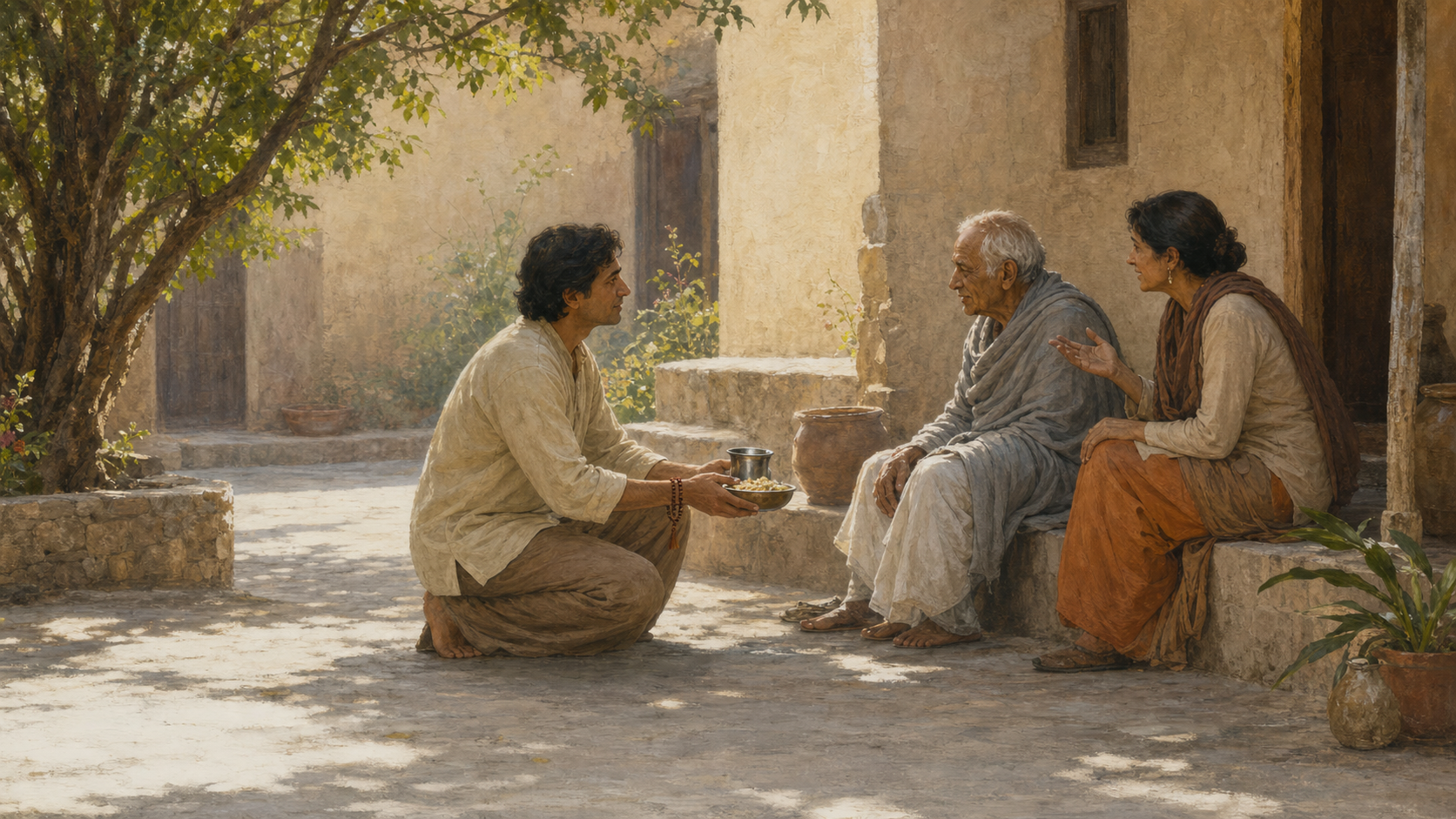 A calm practitioner offers food and water to an elderly visitor while listening attentively to another person in a sunlit courtyard.