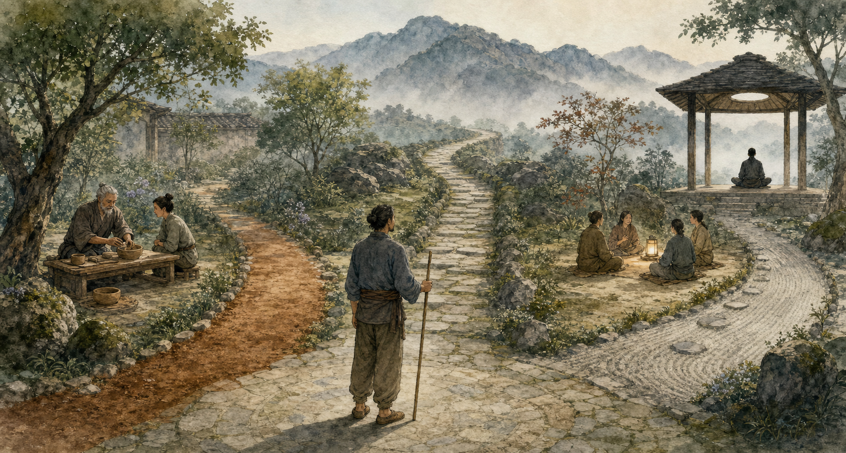 A practitioner considers three garden paths leading to a craft mentor, a study circle, and an open meditation pavilion.
