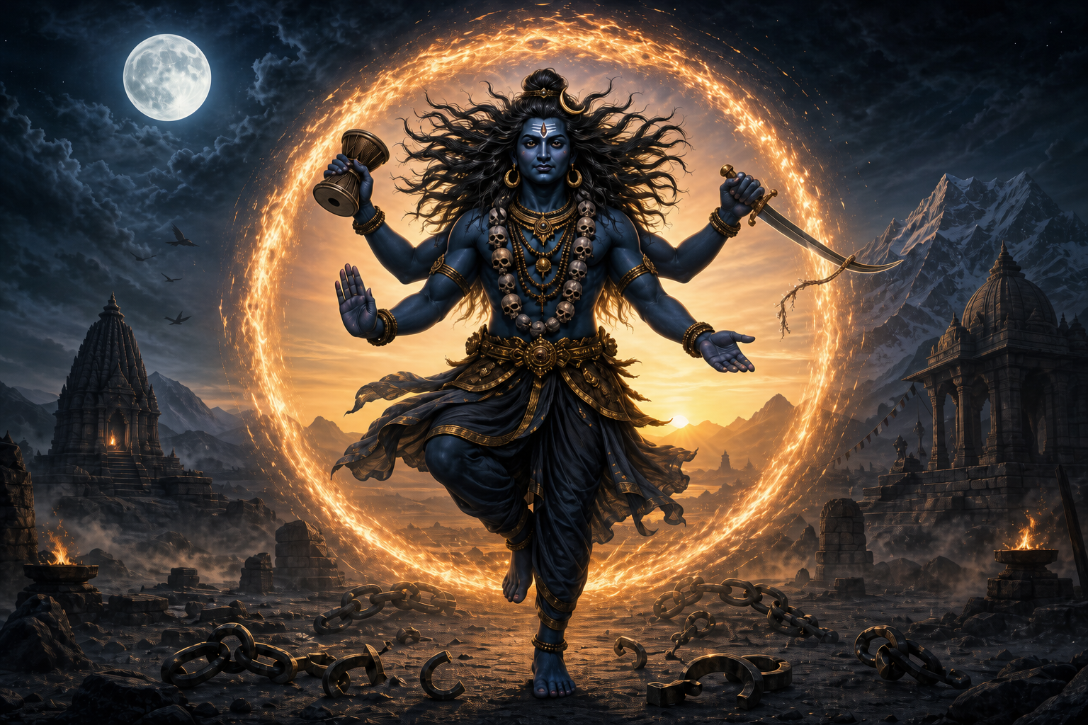 A fierce indigo deity stands calmly in a moonlit landscape, holding a drum and a symbolic blade as broken cords and a ring of fire surround the figure.