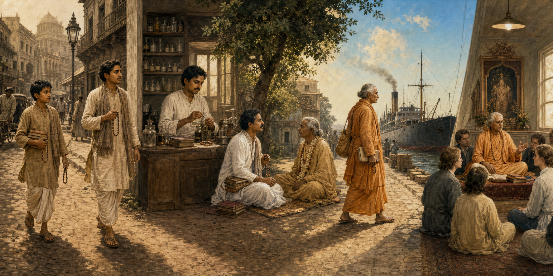 A continuous path follows one Indian Gaudiya Vaishnava from early life in Kolkata through household work, discipleship, an ocean voyage, and teaching in a Western temple.