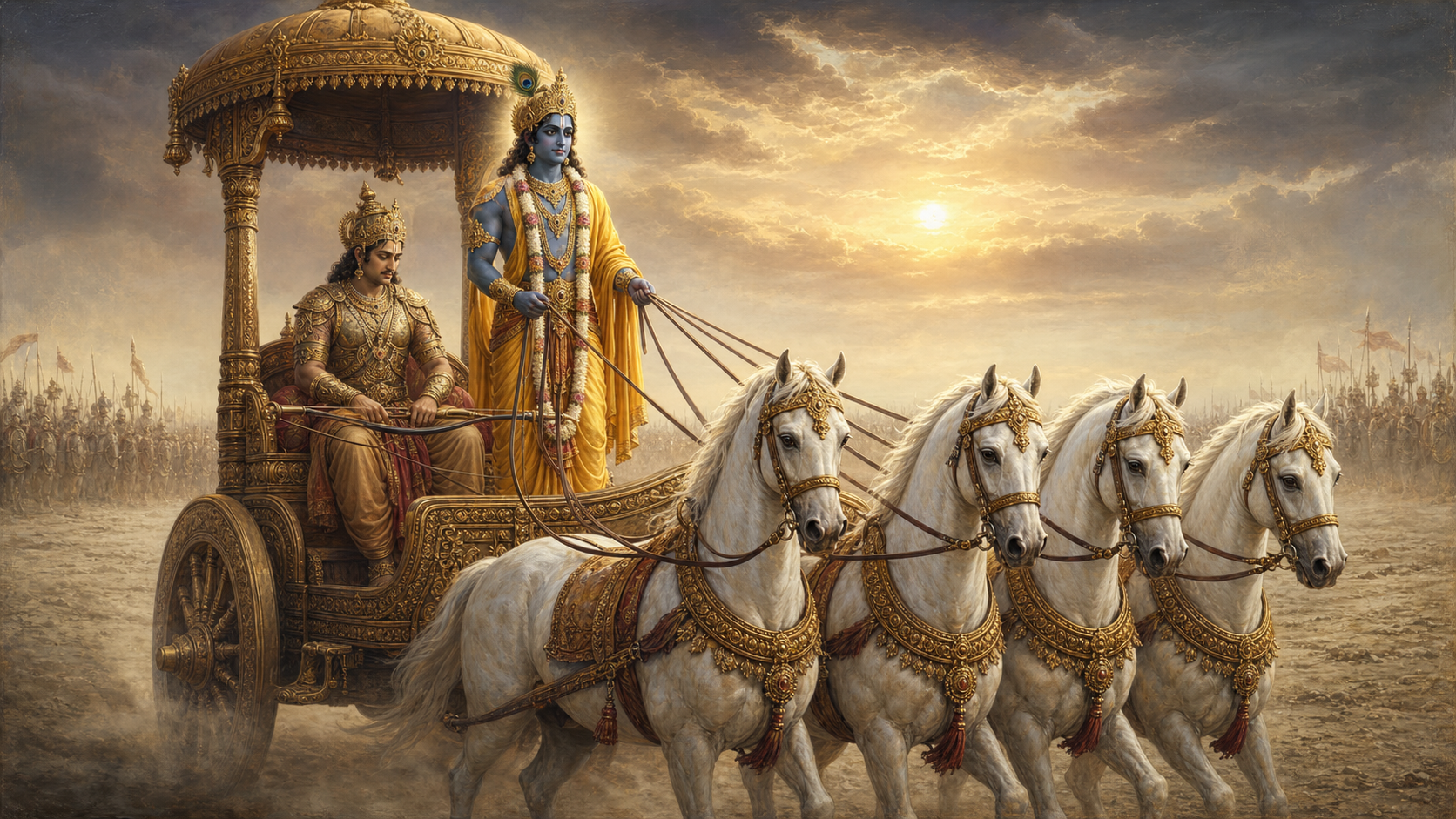 Krishna holds the reins of a four-horse chariot while Arjuna sits behind him with his bow lowered on the misty battlefield at dawn.